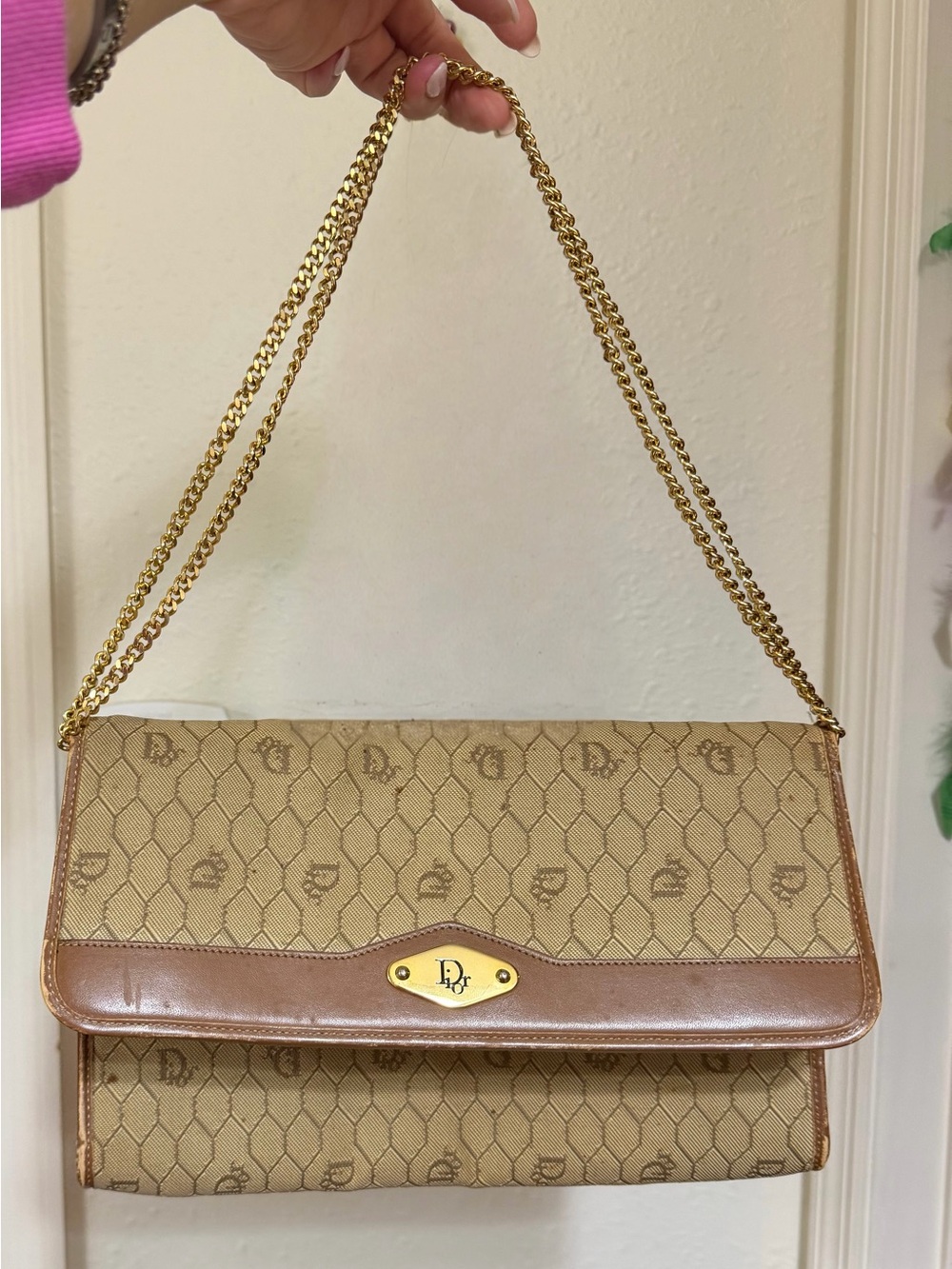 Vintage Christian Dior Honeycomb Monogram Chain Shoulder Bag Clutch